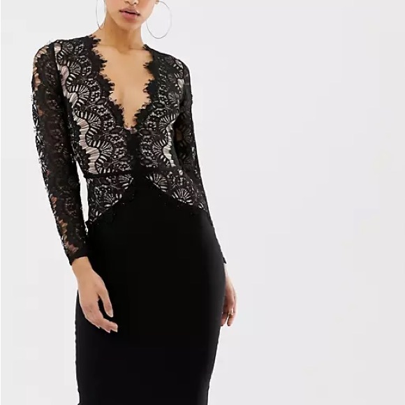 NWT Rare London Nasty Gal long sleeve eyelash lace midi dress black Nude Size S - Picture 2 of 9